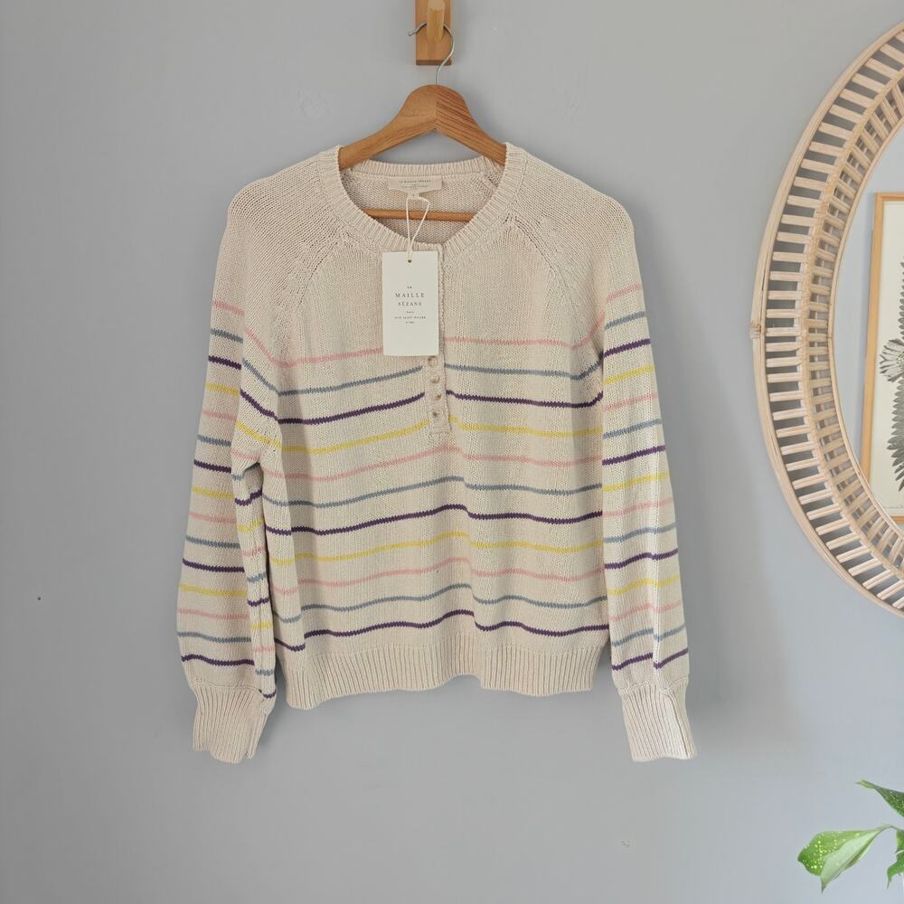 NWT Sezane Léontine Jumper Ecru Multicolor Stripe Cotton Sweater S Rare Color